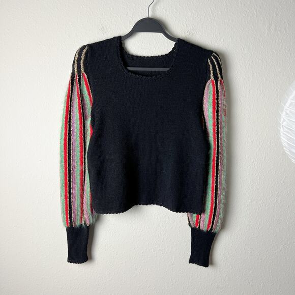 vintage 60s black wool angora striped balloon sleeve knit sweater - Picture 3 of 10